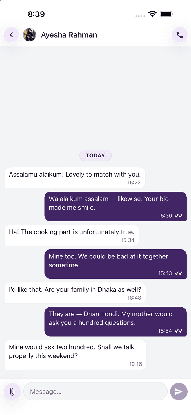 A conversation inside Aqd, with delivery and read receipts