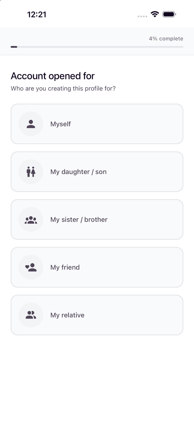 The first Aqd onboarding question: who the profile is being opened for