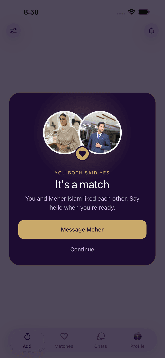 The Aqd match screen, shown after two members have both said yes